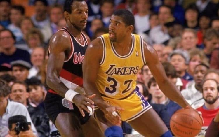 Magic Johnson playing for the Los Angeles Lakers