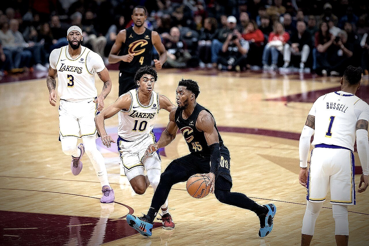 Donovan Mitchell of the Cleveland Cavaliers dribbling during a game at Rocket Mortgage FieldHouse