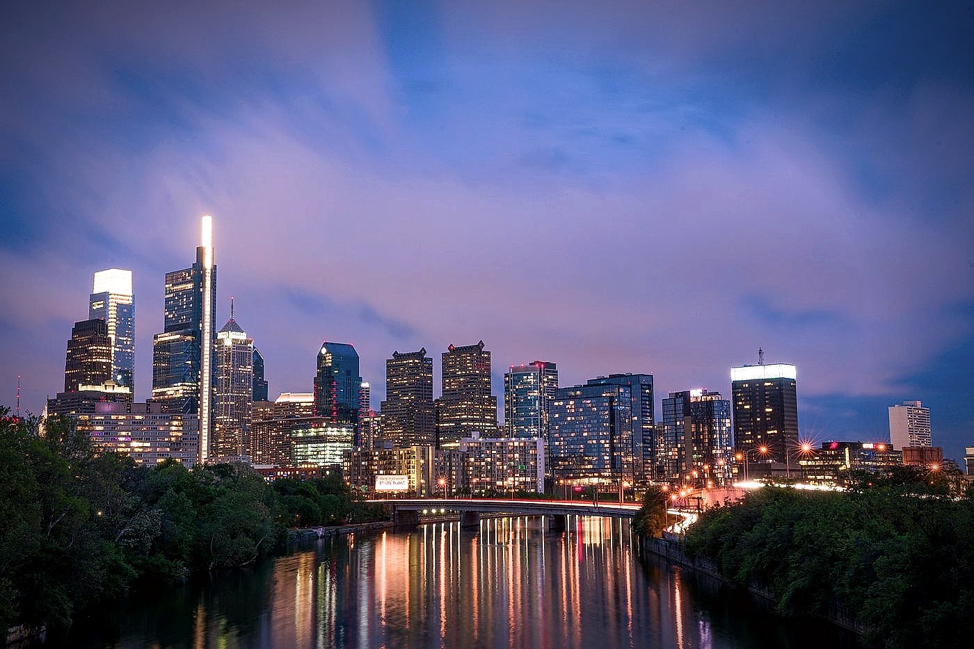 The Philadelphia skyline at dusk seen across the Schuylkill River