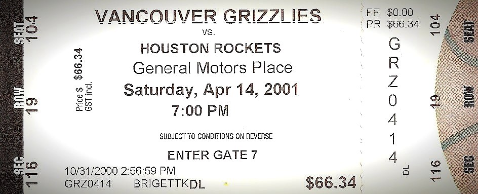 Ticket from a Houston Rockets at Vancouver Grizzlies game on April 14, 2001
