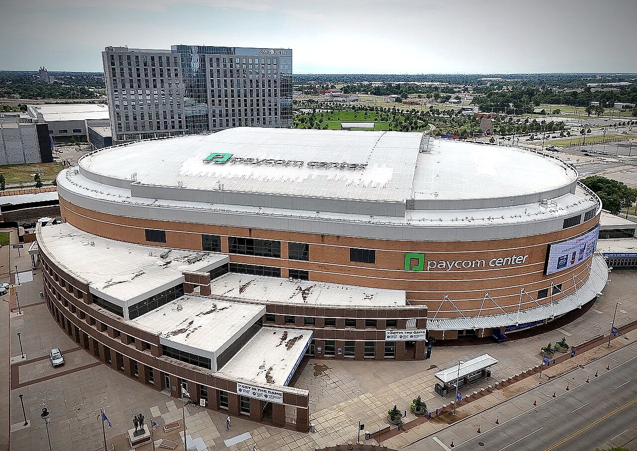 Paycom Center aerial view in Oklahoma City, home of the OKC Thunder